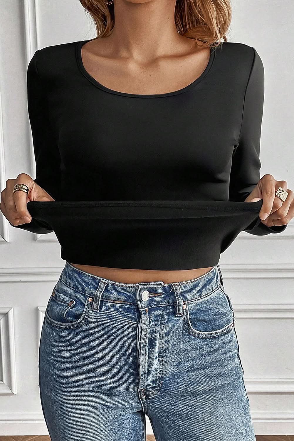 Chic black scoop neck thermal top - Love Salve